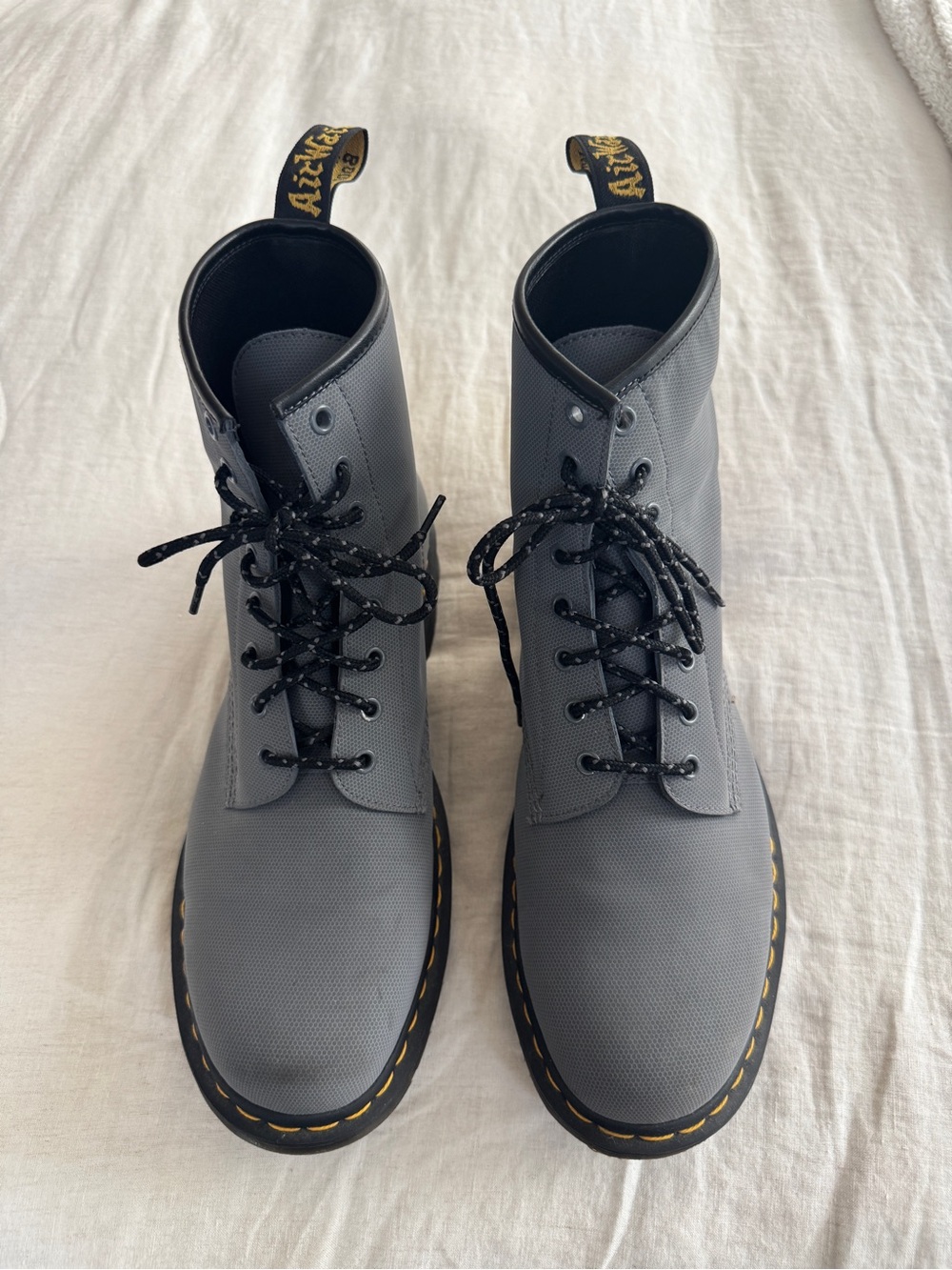 Dr. Martens Gray 8-Eye Lace-Up Combat Boots with Yellow Welt Stitching
